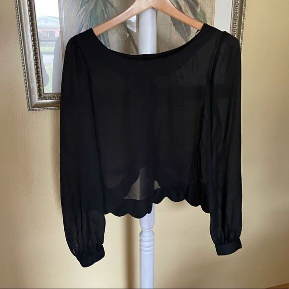 New Double Zero Black Sheer Blouse with Button up Back and Scalloped Hem, Small - Picture 1 of 3